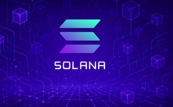 The image features the Solana logo prominently displayed in vibrant teal-to-magenta gradient against a purple digital backdrop with floating cubes and circuitry patterns. Below the logo, the word "SOLANA" is shown in bold white text, visually reinforcing the post's focus on the blockchain's growing institutional appeal and upcoming technical advancements.