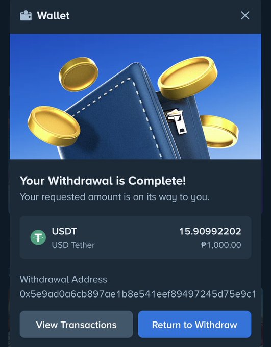 A digital wallet confirmation screen displays a completed USDT (Tether) withdrawal of 15.9092202 tokens (₱1,000.00) sent to address 0x5e9ad0a6cb897ae1b8e541eef89497245d75e9c1, with options to view transactions or return to withdraw. The image reinforces the post's claim of "big wins" by showcasing a successful crypto cashout, visually supporting the testimonial about active users receiving significant payouts.