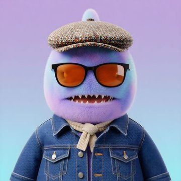 A 3D-rendered purple furry character wearing orange-tinted sunglasses, a denim jacket, and a tweed flat cap, resembling a whimsical monster mascot.
