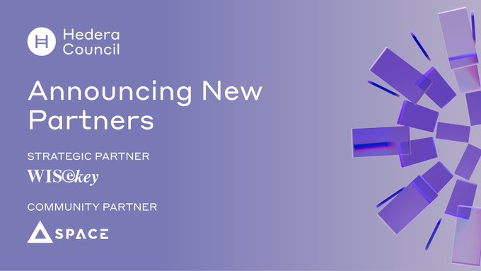 A purple promotional graphic from Hedera Council announcing new partners, listing WISeKey as Strategic Partner and SPACE as Community Partner.