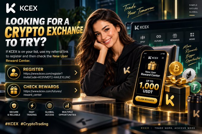 A promotional graphic for KCEX crypto exchange featuring a smiling woman beside a smartphone displaying the platform's "New User Reward Center" offering up to 1,000 USDT, with Bitcoin, Ethereum, and USDT coins shown alongside a referral registration link. The image visually reinforces the post's call-to-action by highlighting the exchange's secure, global, multi-trading features and sign-up rewards.