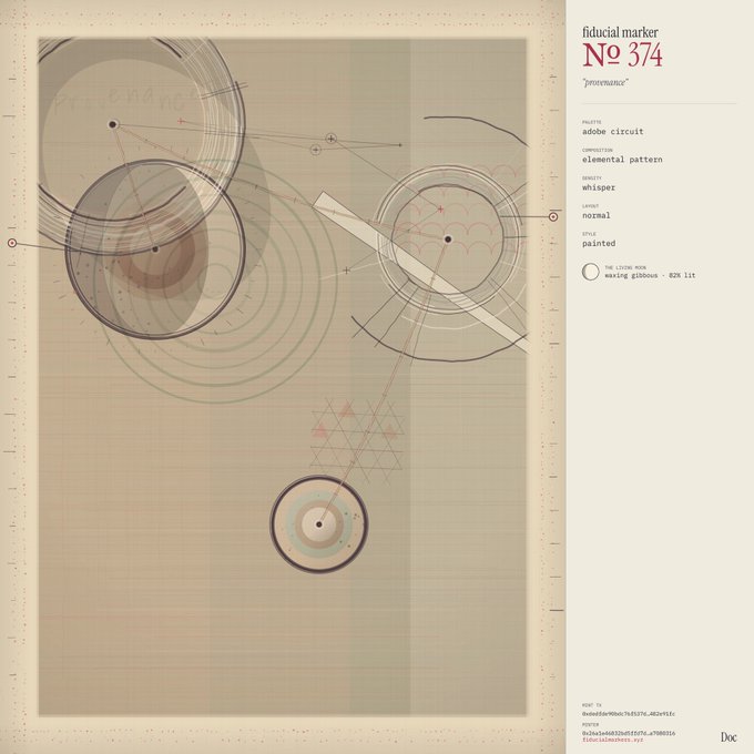 A technical design document titled 'fiducial marker Nº 374 "provenance"' showing abstract circular patterns, geometric shapes, and grid lines on aged paper, with metadata including 'PACIFIST adobe circuit', 'COMPOSITION elemental pattern', 'DENSITY whisper', 'LAYOUT normal', and 'STYLE painted'.