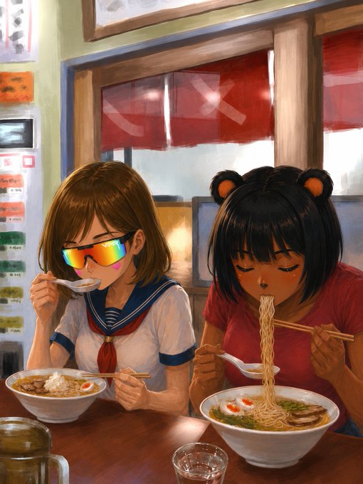 An anime-style illustration of two girls eating ramen at a restaurant counter; one wears rainbow sunglasses and a sailor uniform, while the other has bear ear buns.