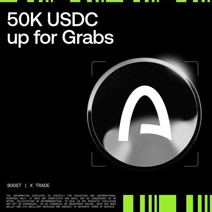 A promotional graphic with a black background features "50K USDC up for Grabs" in large white text on the left, alongside a metallic, reflective circular emblem displaying a stylized "A" logo in green viewfinder brackets on the right. The design, tagged "BOOST | X TRADE" with a disclaimer at the bottom, advertises the OKX Web3 DEX trading competition where top traders can win from a 50,000 USDC prize pool by trading on the Arc network.