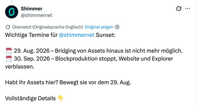 A German-language social media post from 'Shimmer' (@shimmernet) announcing important deadlines for 'Sunset', including August 29, 2026 and September 30, 2026.
