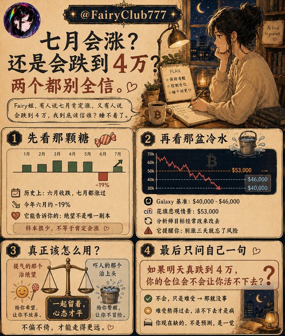 A Chinese-language cryptocurrency infographic from @FairyClub777 discussing Bitcoin's July price outlook, with the headline "七月会涨？还是会跌到4万？" and warnings about price predictions versus historical data.