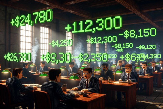 A surreal illustration depicts men in pinstripe suits working at desks under green lamps, surrounded by floating green numbers showing financial gains and losses like +$24,780 and -$8,150.
