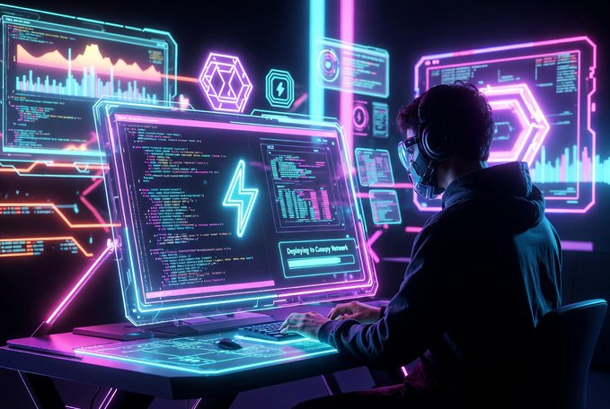 A neon-lit cyberpunk illustration of a person in a hoodie working at a computer with holographic displays, including text reading 'Deploying To Canopy Network'.