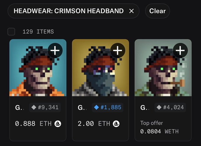 A screenshot of an NFT marketplace showing 'HEADWEAR: CRIMSON HEADBAND' with 129 pixel-art monkey items listed for prices in ETH, including one for 2.00 ETH.