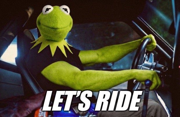 The image features Kermit the Frog in a posed driver's seat, gripping a steering wheel with an enthusiastic grin, paired with the bold caption "LET'S RIDE" in large white letters below him. The meme's "Let's Ride" energy perfectly complements the post's bullish goal to ride the $KERMIT token to a 1M PNL for @imposterDiary in the upcoming bull run.
