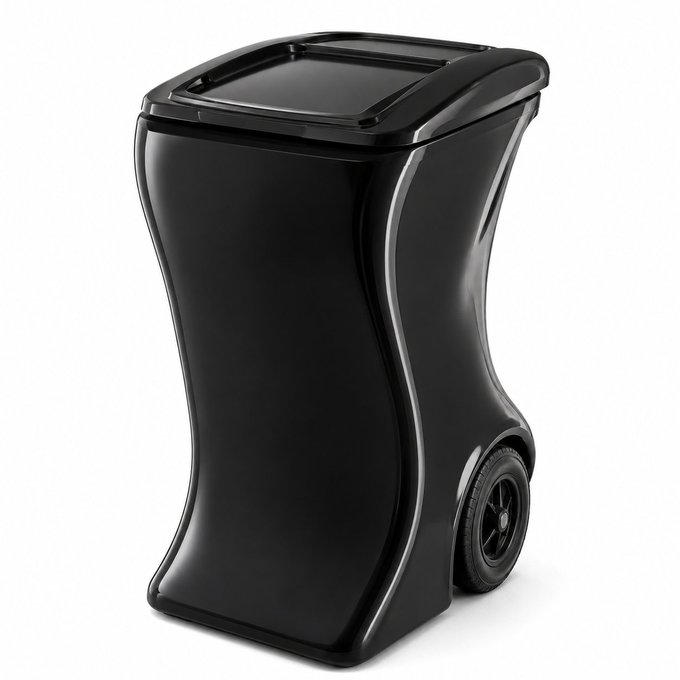 A black, wavy-shaped wheeled trash bin with a foot pedal and lid, shown against a white background.