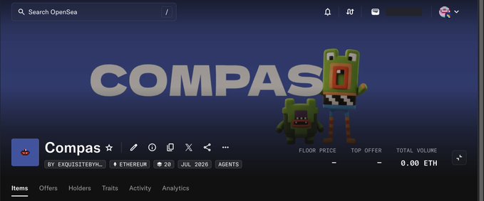 Screenshot of the OpenSea NFT collection page for "Compas" by EXQUISITEBYIHL, displaying a banner with two green blocky monster characters and showing a mint date of July 2026 with no floor price, offers, or total volume listed yet.