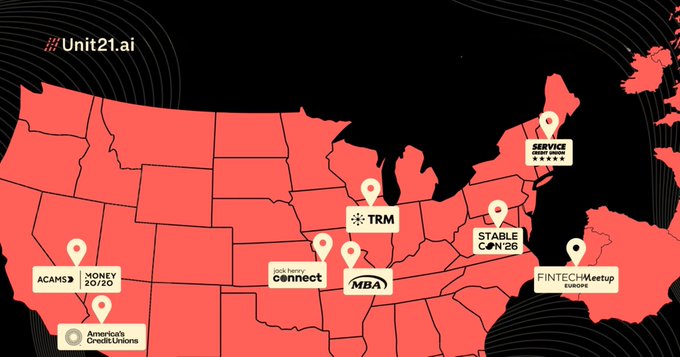 A red map of the United States with the Unit21.ai logo, displaying location markers for various fintech events and companies including ACAMS, Money 20/20, America's Credit Unions, Jack Henry Connect, MBA, TRM, Service Summit, Stable Conference, and Fintech Meetup Europe.