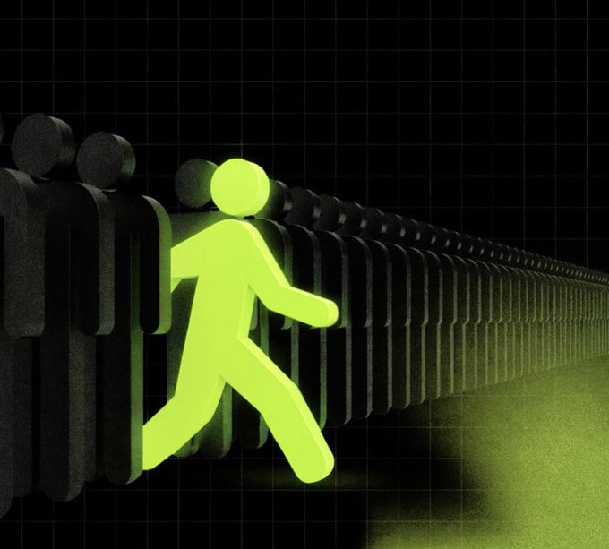 A 3D rendering of a glowing green walking pedestrian symbol breaking away from a long line of dark, identical silhouettes against a black grid background.
