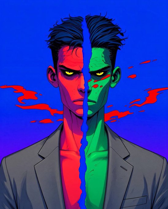 A stylized comic book illustration of a man in a gray suit with his face split down the middle, the left side red and the right side green, set against a blue background with red cloud accents.
