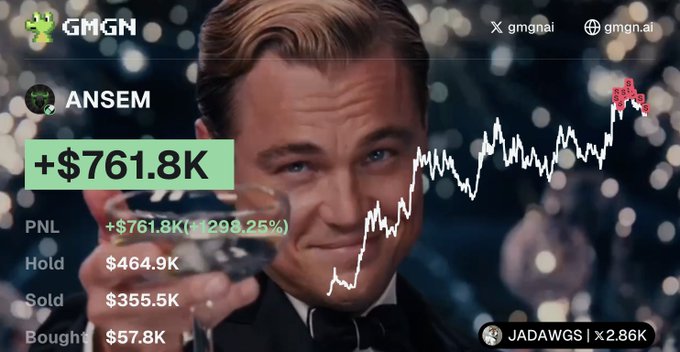 The image features a meme of Leonardo DiCaprio from "The Great Gatsby" holding a glass, with a stylized stock chart overlay showing "ANSEM" with a +$761.8K gain (233.25% increase) displayed next to the GMGN logo, with statistics for PNL ($761.8K), Hold ($464.9K), Sold ($355.5K), and Bought ($57.8K).

This relates to the giveaway post by promoting engagement around a crypto profit milestone, using the meme to attract attention and encourage likes, retweets, and Solana address submissions from the audience.