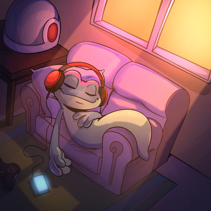 Digital art of a gray alien character wearing red headphones, sleeping on a pink couch next to a window with a gaming controller and glowing device on the floor.