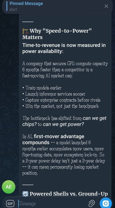 A screenshot of a pinned Telegram message titled 'Why "Speed-to-Power" Matters,' discussing how time-to-revenue is measured in power availability in the AI industry. The text explains advantages of securing GPU compute capacity faster than competitors, including training models earlier and capturing enterprise contracts.