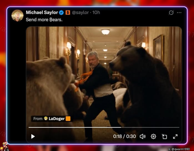 A tweet from Michael Saylor (@saylor) saying 'Send more Bears.' containing a humorous edited video of a character from a bear-themed video game wearing an orange tie and sunglasses fighting actual bears.