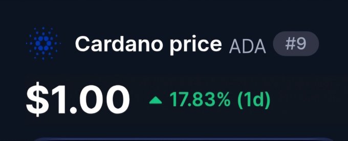 Cryptocurrency price display showing Cardano (ADA) at $1.00, up 17.83% in 1 day, ranked #9.