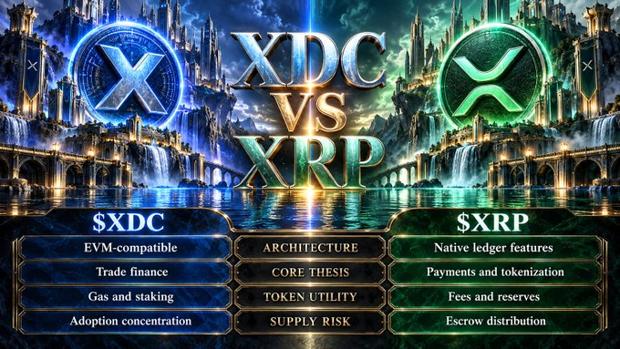 A fantasy-themed comparison graphic 'XDC vs XRP' with fantasy castle backgrounds, listing attributes such as EVM-compatible, Trade finance, Gas and staking for $XDC, and Native ledger features, Payments and tokenization for $XRP.