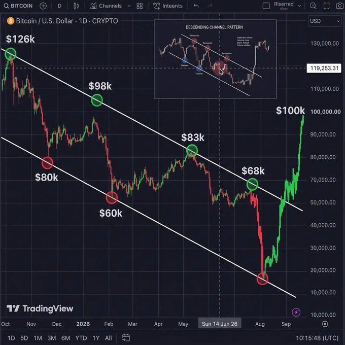 A TradingView daily BTC/USD chart showing Bitcoin's price trajectory from October through September, with a descending channel pattern overlaid and key levels marked at $126k, $98k, $83k, $60k, $80k, $68k, and $100k. The chart illustrates the post's predicted roadmap of price movements ($83K → $58K → $68K → $40K → $70K → $108K), suggesting Bitcoin may retest lower supports within the descending channel before staging a major breakout toward $108K.
