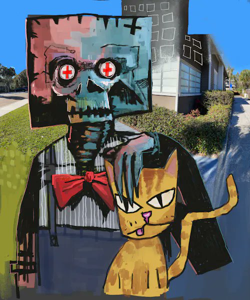 A street mural featuring a skull-headed figure in a suit with a red bowtie holding an orange cat with an extended tongue.