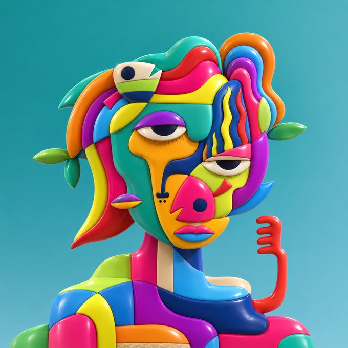 A vibrant 3D abstract sculpture of a human figure with a fragmented, multicolored face featuring wavy hair and disjointed facial features against a teal background.