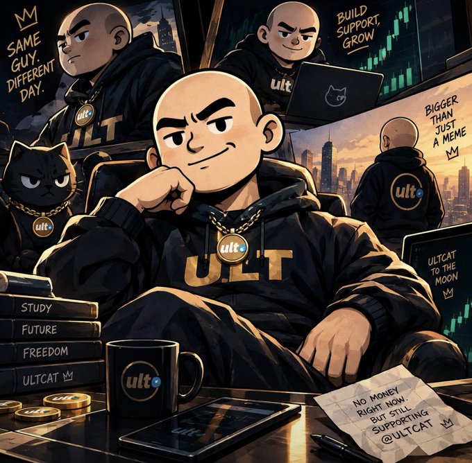 An illustrated promotional artwork for 'ULTCAT' featuring a bald cartoon character in a black ULT hoodie with multiple panels showing 'BUILD SUPPORT GROW', 'BIGGER THAN JUST A MEME', and 'NO MONEY RIGHT NOW BUT STILL SUPPORTING @ULTCAT'.