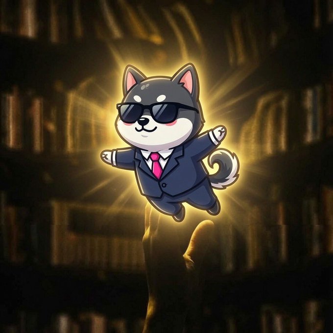 A cartoon illustration of a smiling Shiba Inu dog wearing sunglasses, a business suit, and a pink tie, floating against a glowing library background with a hand reaching up toward it.