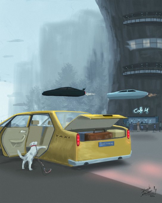 The image features a yellow taxi cab with its trunk open, parked near a building. There are two people standing next to the taxi, one of them holding a leash attached to a dog that appears to be waiting for someone or accompanying the owner. The scene also includes several other cars and buildings in the background, creating an urban atmosphere.