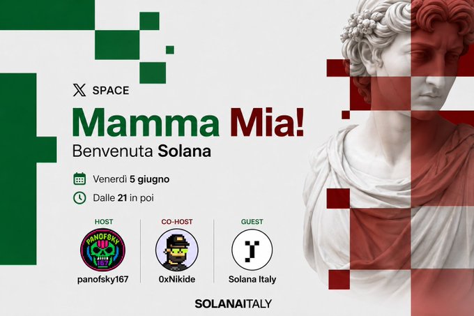 The image features a poster for an event called "MAMMA MIA!". The poster has a white background with red, green, and black colors. It includes a picture of a statue or bust of a woman wearing a roman numeral design on her neck. The poster also contains text that reads "MAMMA MIA! BENVENTA SOLANA. Venerere di Giohorte di Solana Italy". There are three different logos displayed, each representing a different event or organization related to the MAMMA MIA! event.