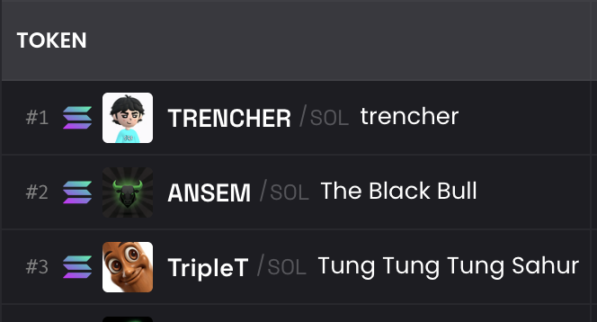 A token leaderboard showing #1 TRENCHER, #2 ANSEM ('The Black Bull'), and #3 TripleT ('Tung Tung Tung Sahur'), all on the SOL network.