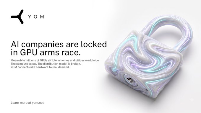 A YOM-branded promotional image features a 3D-rendered padlock with a swirled, iridescent purple and white marble texture on the right, paired with the headline "AI companies are locked in GPU arms race" and supporting text about YOM connecting idle hardware to real demand on the left. The padlock visually reinforces the message that AI firms are "locked" in a costly competition, while YOM's logo and tagline suggest a solution to unlock unused GPU resources via yom.net.