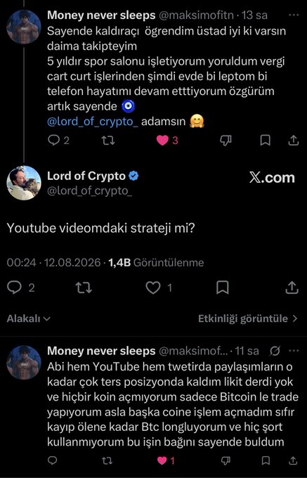 A series of X (Twitter) posts in Turkish discussing cryptocurrency trading strategies, featuring interactions between users 'Money never sleeps' and 'Lord of Crypto'.