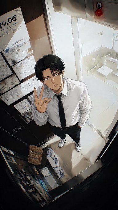 An anime-style illustration shows a young man in a white dress shirt and black tie making a peace sign, viewed from an overhead angle in an office setting with calendar pages visible.