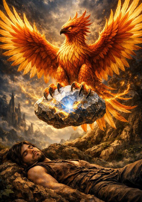 A fantasy illustration shows a massive fiery phoenix with outstretched wings clutching a glowing stone above a sleeping man with long hair lying among rocks.
