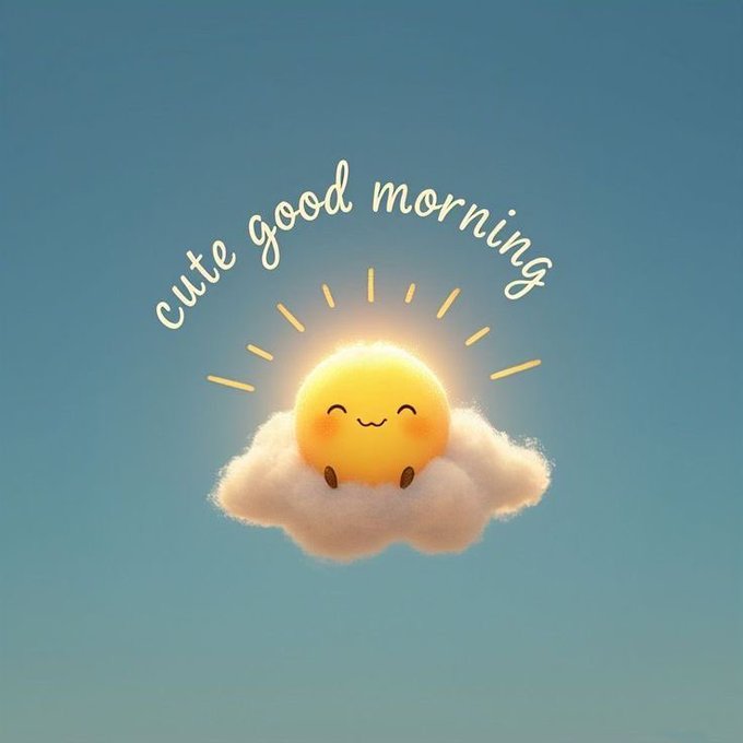 A cute digital illustration features a smiling sun with a kawaii face sitting on a fluffy white cloud against a blue sky, with the text 'cute good morning' arched above it.