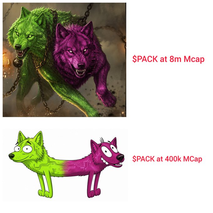 A comparison meme showing $PACK at 8m Mcap as a fierce two-headed wolf and $PACK at 400k Mcap as a simple cartoon dog with a glitched body.