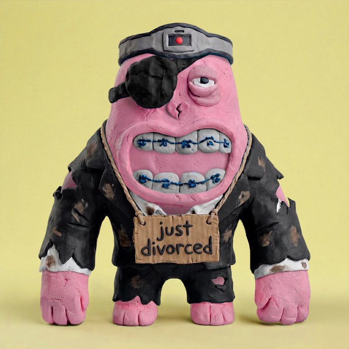 A sculpted clay figurine of a pink cyclops monster wearing a tattered black suit, an eyepatch, braces on its teeth, and a cardboard sign reading 'just divorced'.