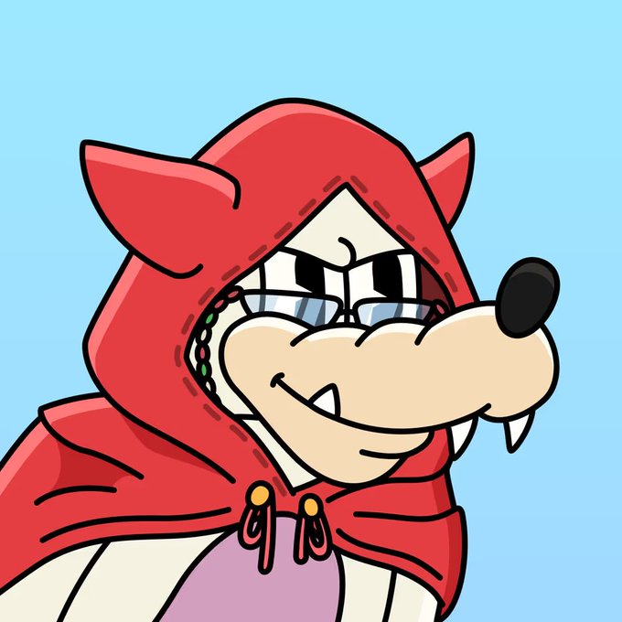 A cartoon werewolf wearing a red hooded cloak smirks mischievously, representing the character from the "Nibbles" collection that the post excitedly announces joining the Red Hoods community, which meets every Tuesday at 5pm EST.
