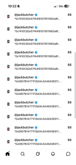 A smartphone screenshot from the X/Twitter app showing multiple repeated posts from @jackbutcher, each containing identical hexadecimal contract addresses ('0x7410C82e57f44f81D7B11692a8f...' and '0x0907B14771F2b04c5A4643E611...') with $8 attached to each entry.