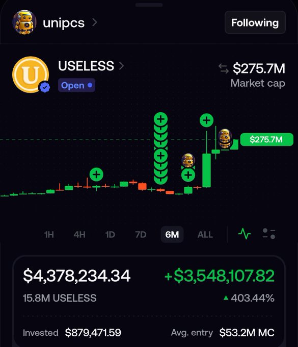 Mobile app screenshot showing a portfolio tracker with a candlestick chart for the 'USELESS' token having a $275.7M market cap, showing an investment value of $4,378,234.34 with a 403.44% gain.