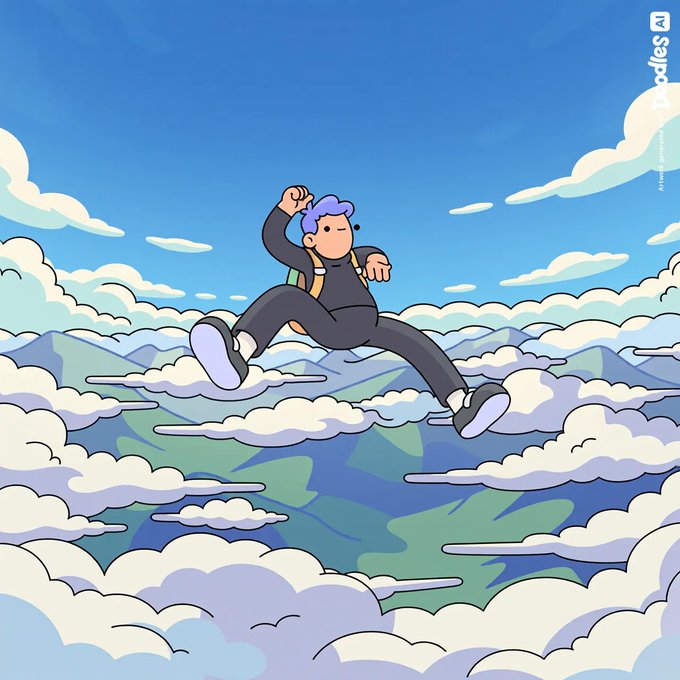 A Doodles illustration shows a character with purple hair and a backpack leaping joyfully above the clouds against a blue sky with mountains below.