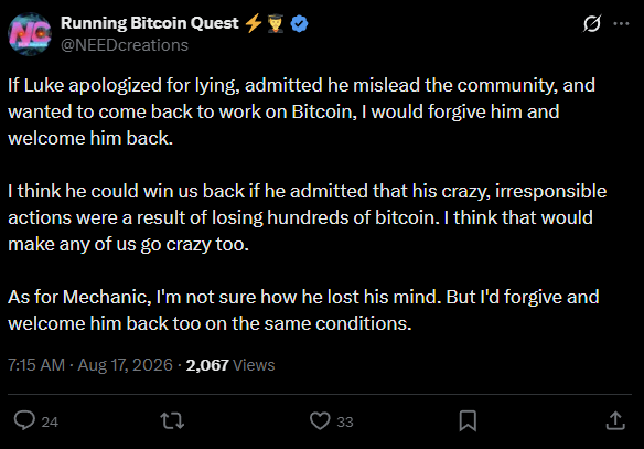 A screenshot of an X (formerly Twitter) post from @NEEDcreations stating they would forgive and welcome Luke back if he apologized for lying, attributing his actions to losing hundreds of bitcoin, with 2,067 views.