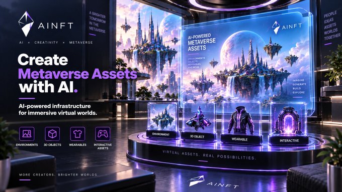A promotional banner for AINFT advertising AI-powered metaverse asset creation, showcasing floating fantasy environments, 3D objects, wearables, and interactive assets with the tagline 'VIRTUAL ASSETS. REAL POSSIBILITIES.'