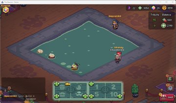 The image shows a video game screen with two players engaged in an adventure game, possibly a treasure hunt or a similar type of activity. The main characters are standing near a large pool filled with green water, which appears to be the center of their attention. One player is holding a sword and shield, while the other has a bow and arrow. 

The background reveals that they are in an open area surrounded by trees, indicating that this game takes place outdoors or in a natural setting. The players seem to be focused on finding clues and solving puzzles to progress through the game.