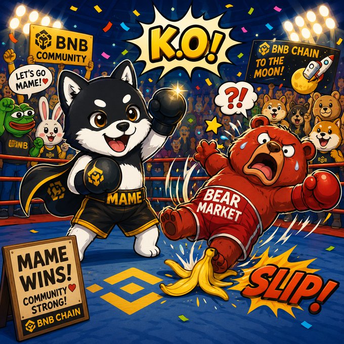 A cartoon boxing match illustration showing a black and white dog mascot ('MAME') knocking out a red bear ('BEAR MARKET'), with 'K.O.!', 'BNB COMMUNITY', 'BNB CHAIN TO THE MOON!', 'MAME WINS! COMMUNITY STRONG', and 'SLIP!' text.