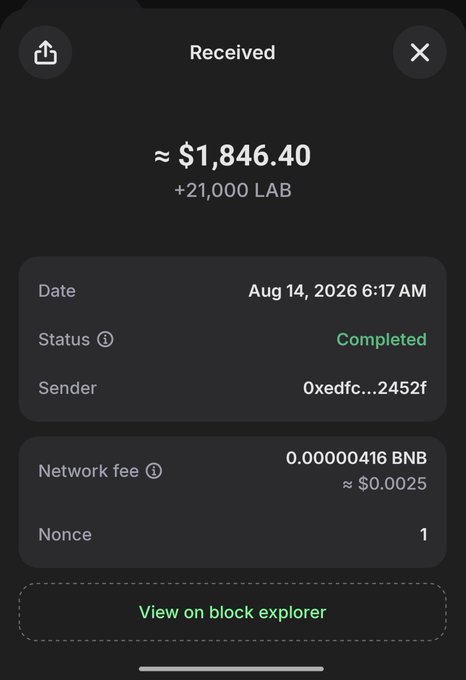 A cryptocurrency transaction receipt showing "≈ $1,846.40" for "+21,000 LAB", dated "Aug 14, 2026 6:17 AM", with status "Completed" and sender "0xedfc...2452f".