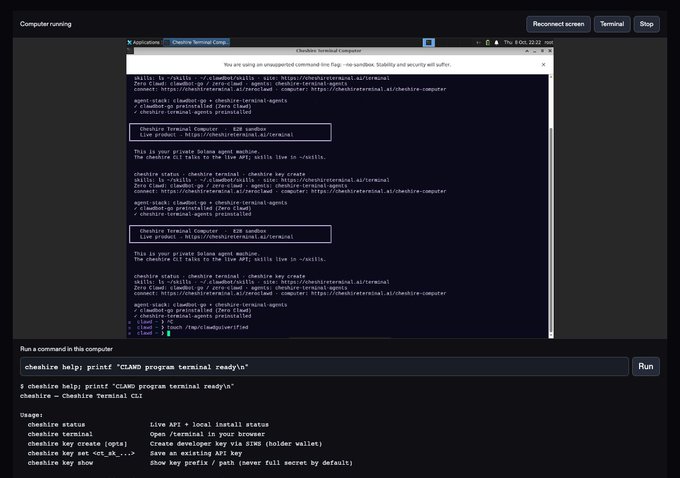 A computer screen showing a terminal running "cheshire terminal-computer" with command instructions visible below.